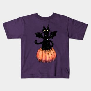 Starry Bat Cat in a Pumpkin Kids T-Shirt